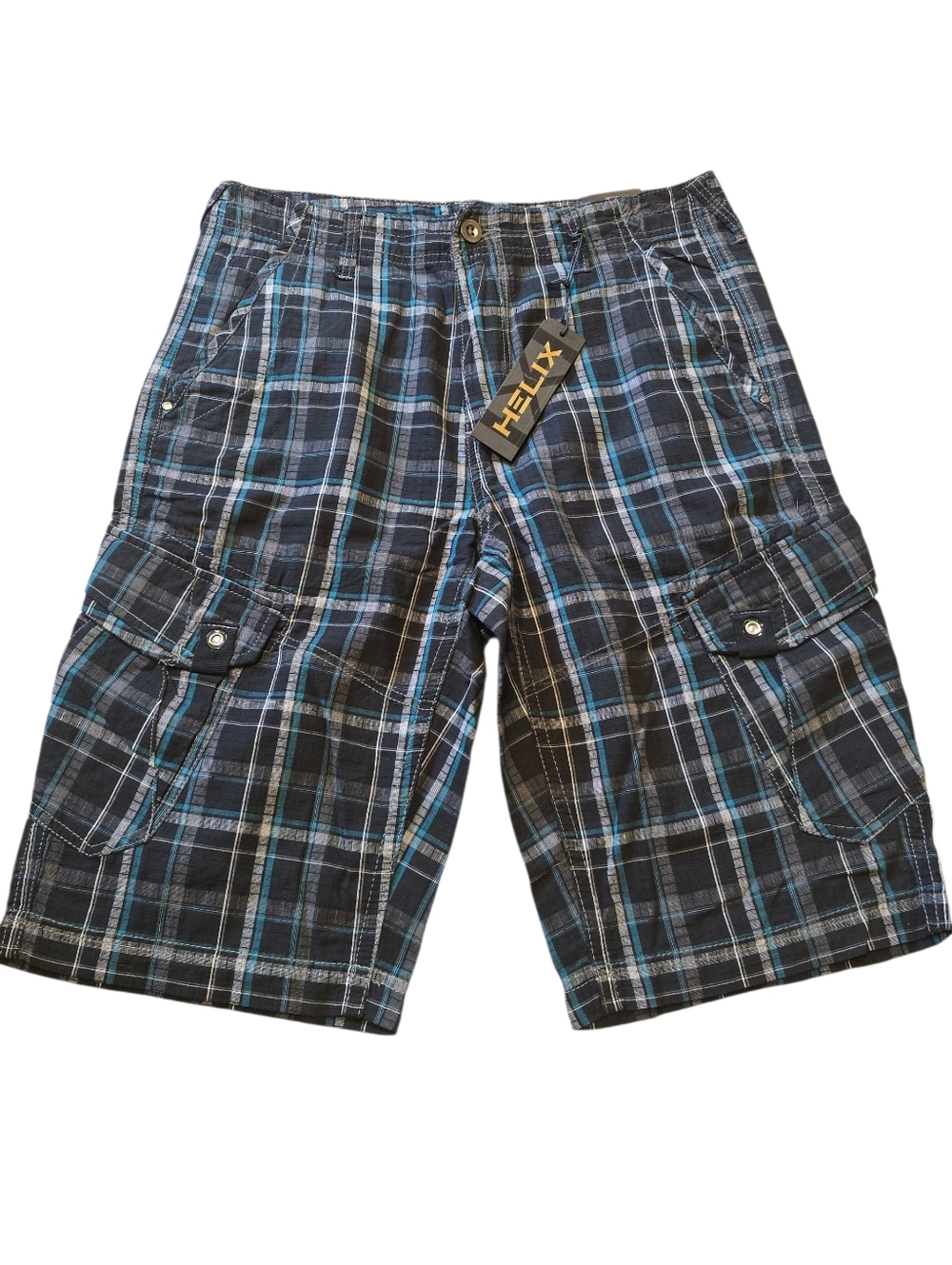 Helix Men’s Size 32 Black, Blue & Gray Plaid Cargo Shorts NEW With Tags